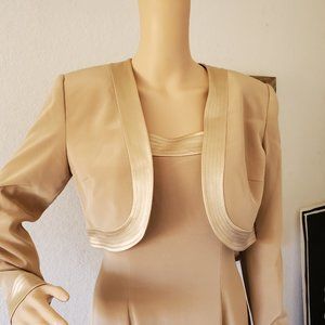 OLEG CASSINI Black Tie Tan Nude Sheath Maxi Dress Bolero Jacket SET 6 Petite 6P